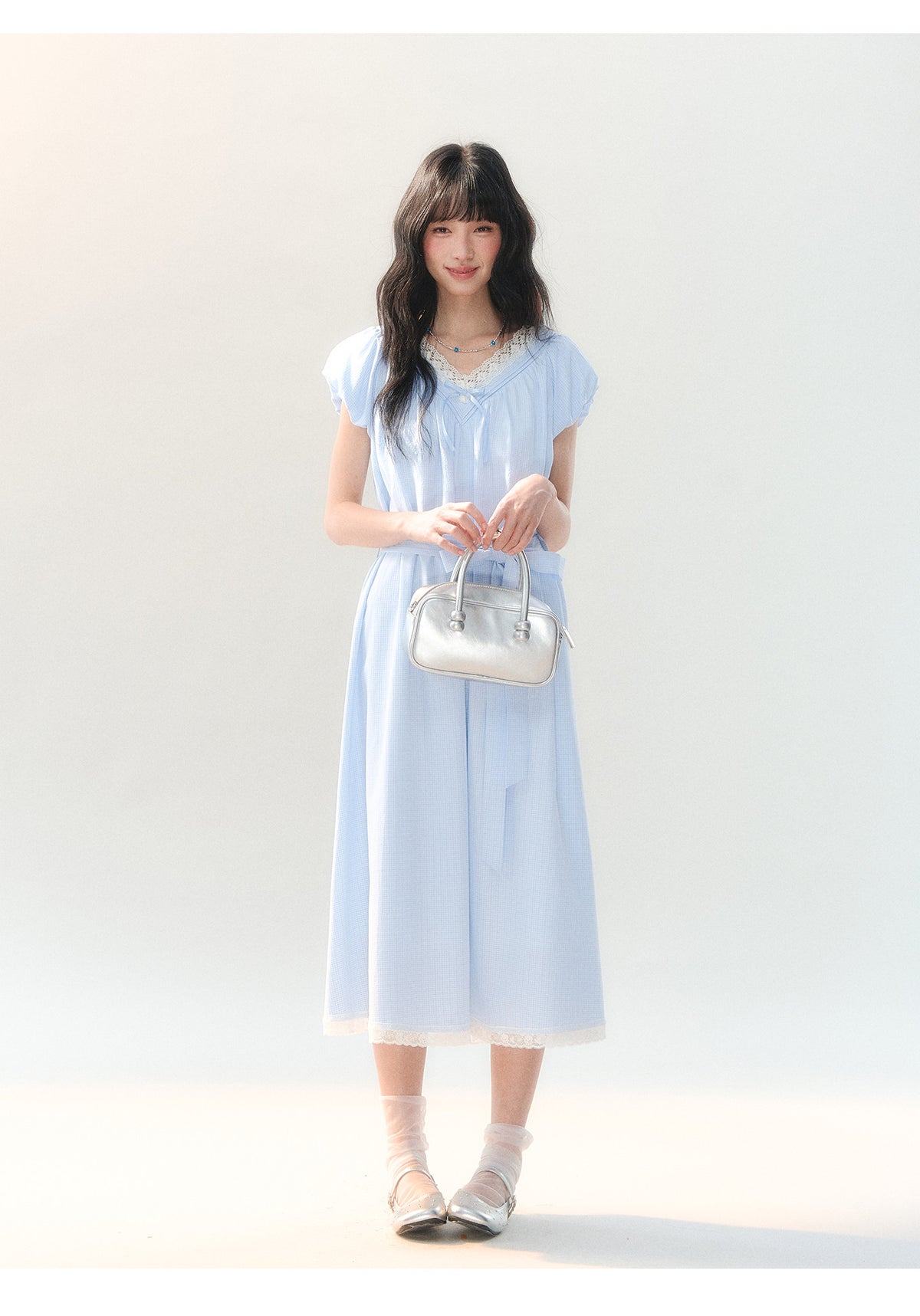 [CAN] "Cloud Daydream" Sky Blue Plaid Lace V-Neck Puff Sleeve Dress
