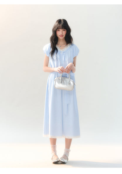 [CAN] "Cloud Daydream" Sky Blue Plaid Lace V-Neck Puff Sleeve Dress