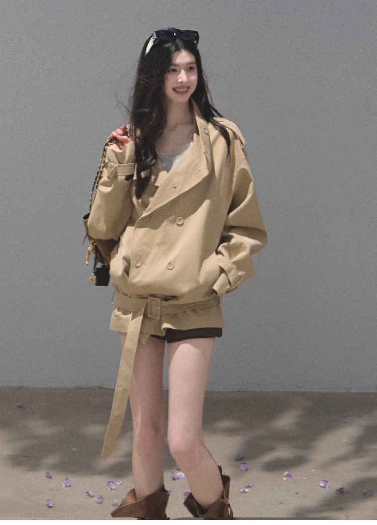 OAKMOO/ Belted Double-Breasted Trench Jacket (Deep Black / Hazel Khaki)
