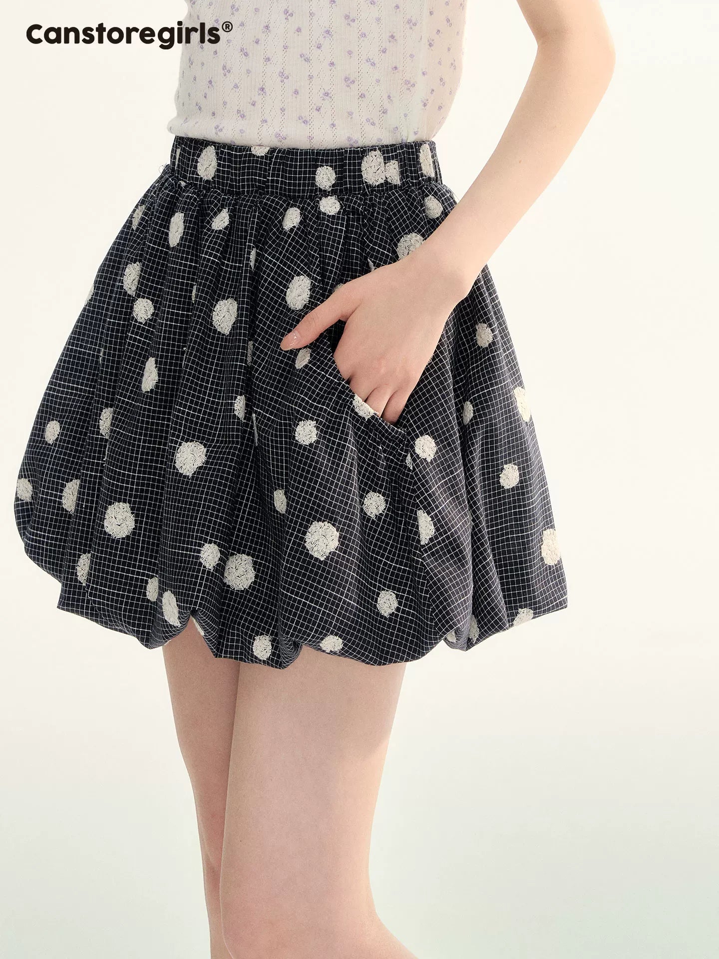 Navy Plaid Flocked Polka Dot Bubble Skirt WW2026070