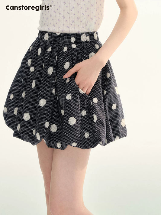 Navy Plaid Flocked Polka Dot Bubble Skirt WW2026070