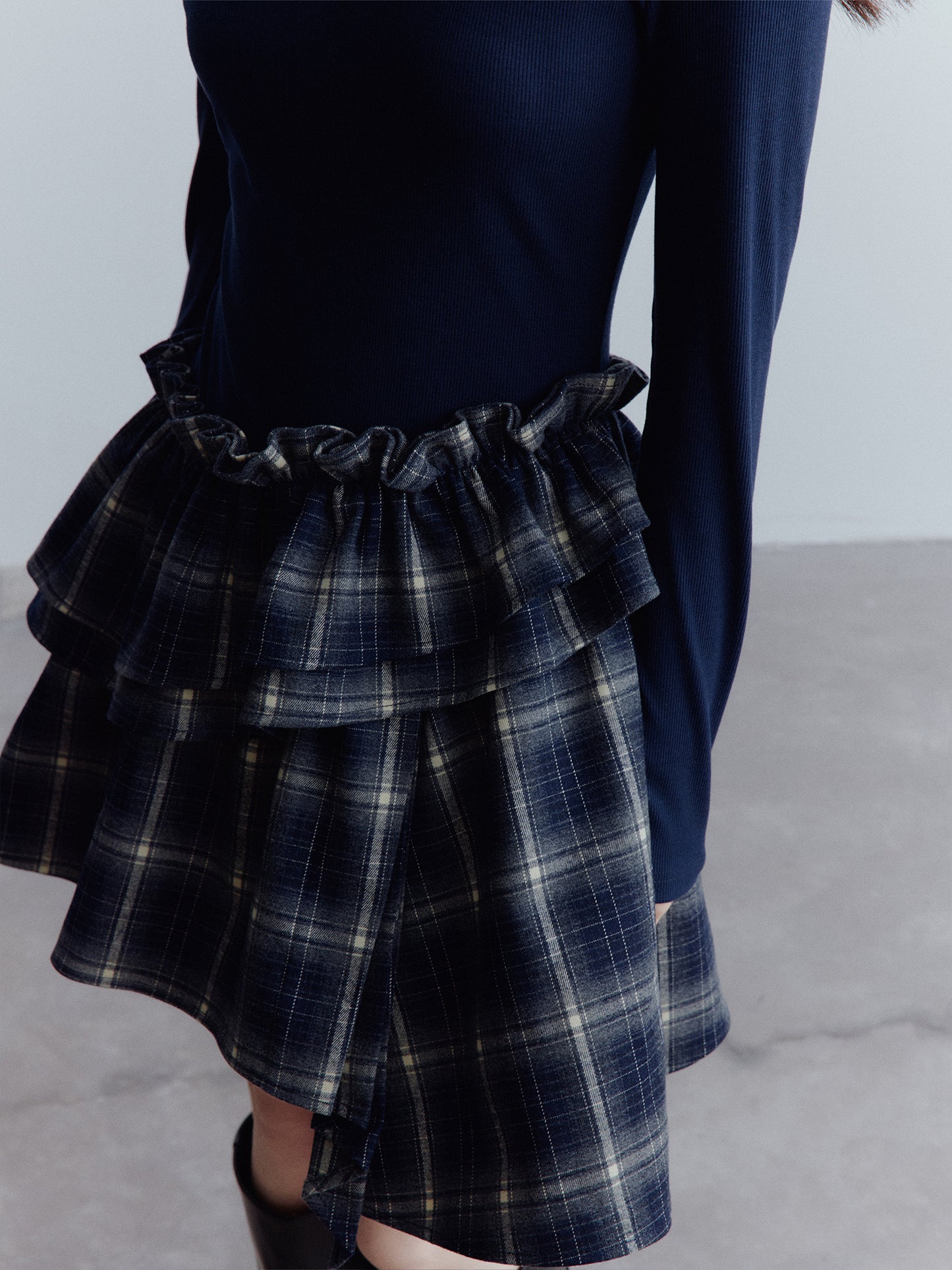 FUSSED Asymmetrical Layered Plaid Dress – Midnight Blue FOF-25AW215