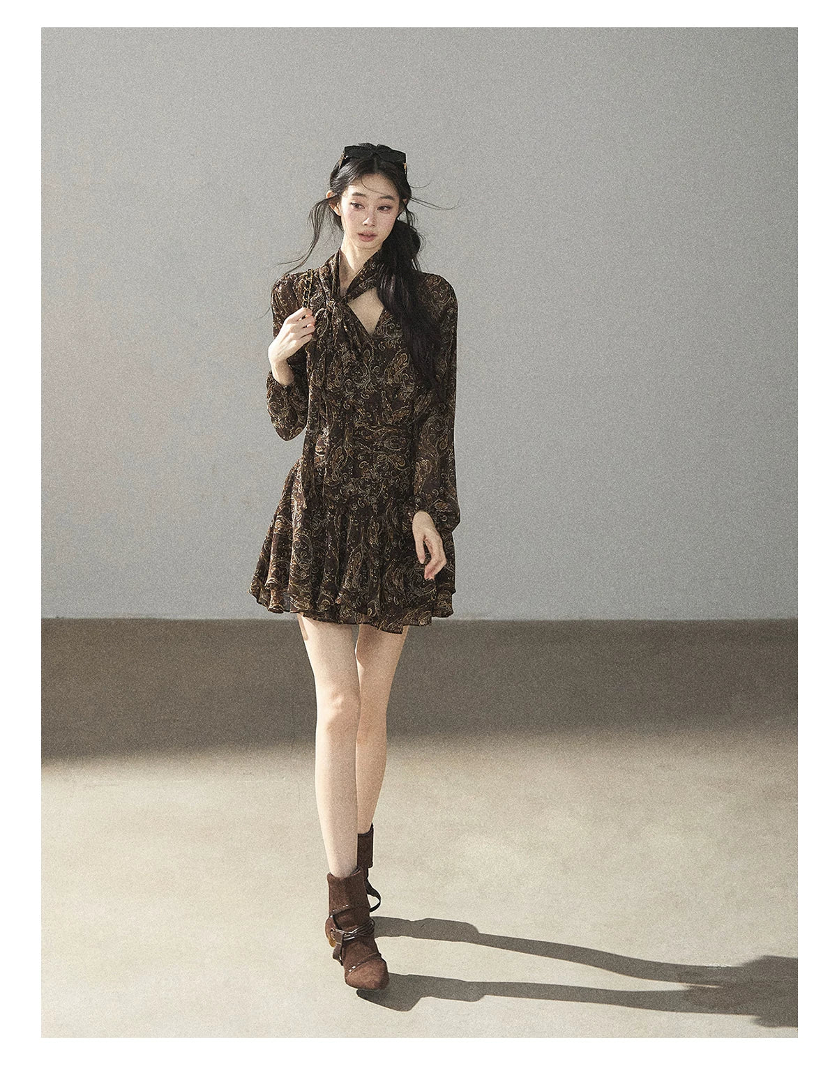"Wait for a Tree of Blossoms" Cocoa Brown French Long-Sleeve Chiffon Dress (+ Camisole)