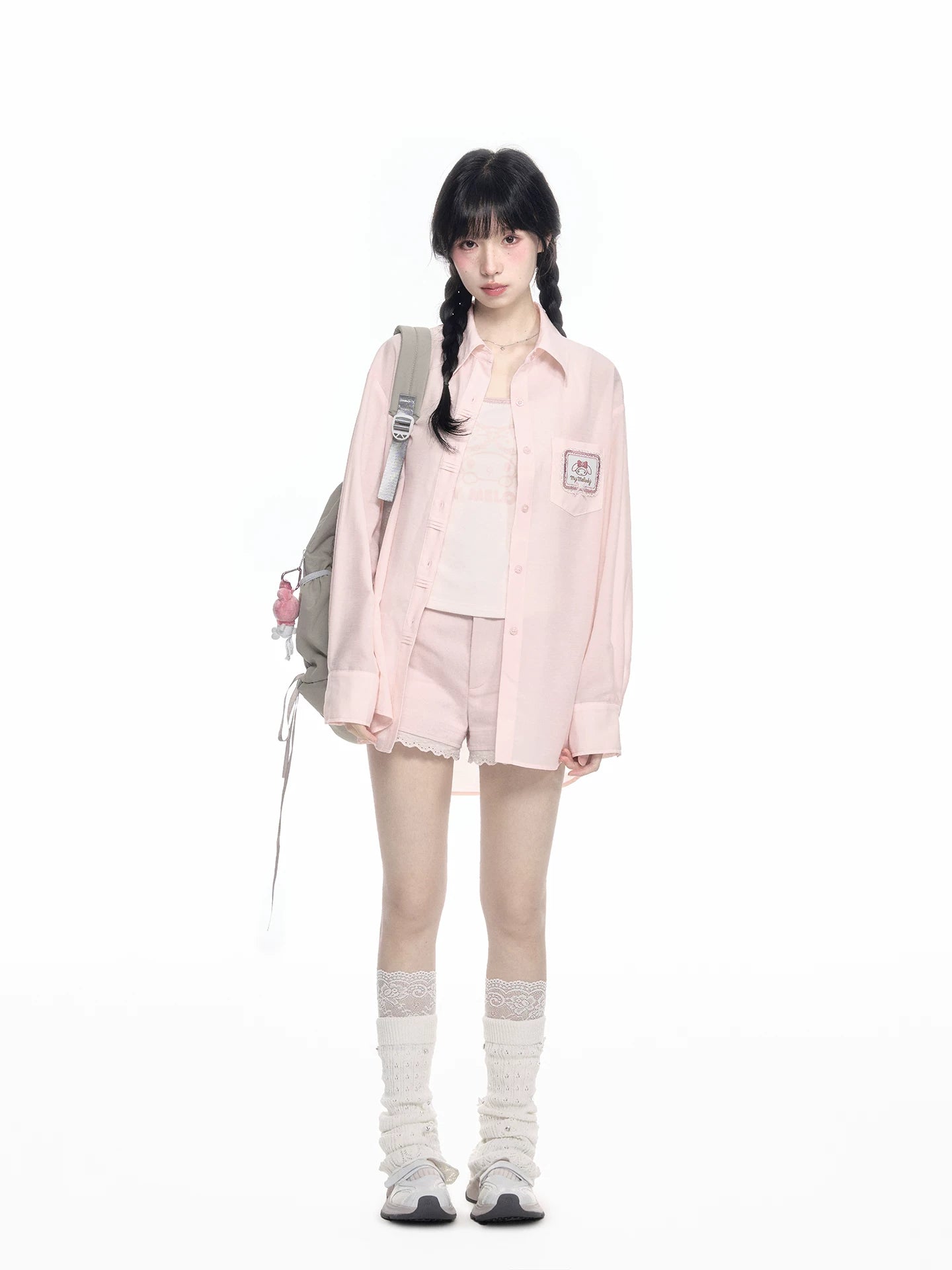 170726K "Campus Icons" Gray Purple Relaxed Polo Overshirt (Kuromi / My Melody / Cinnamoroll)