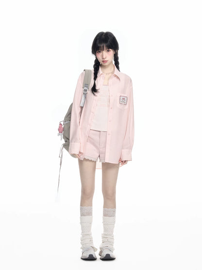 170726K "Campus Icons" Gray Purple Relaxed Polo Overshirt (Kuromi / My Melody / Cinnamoroll)