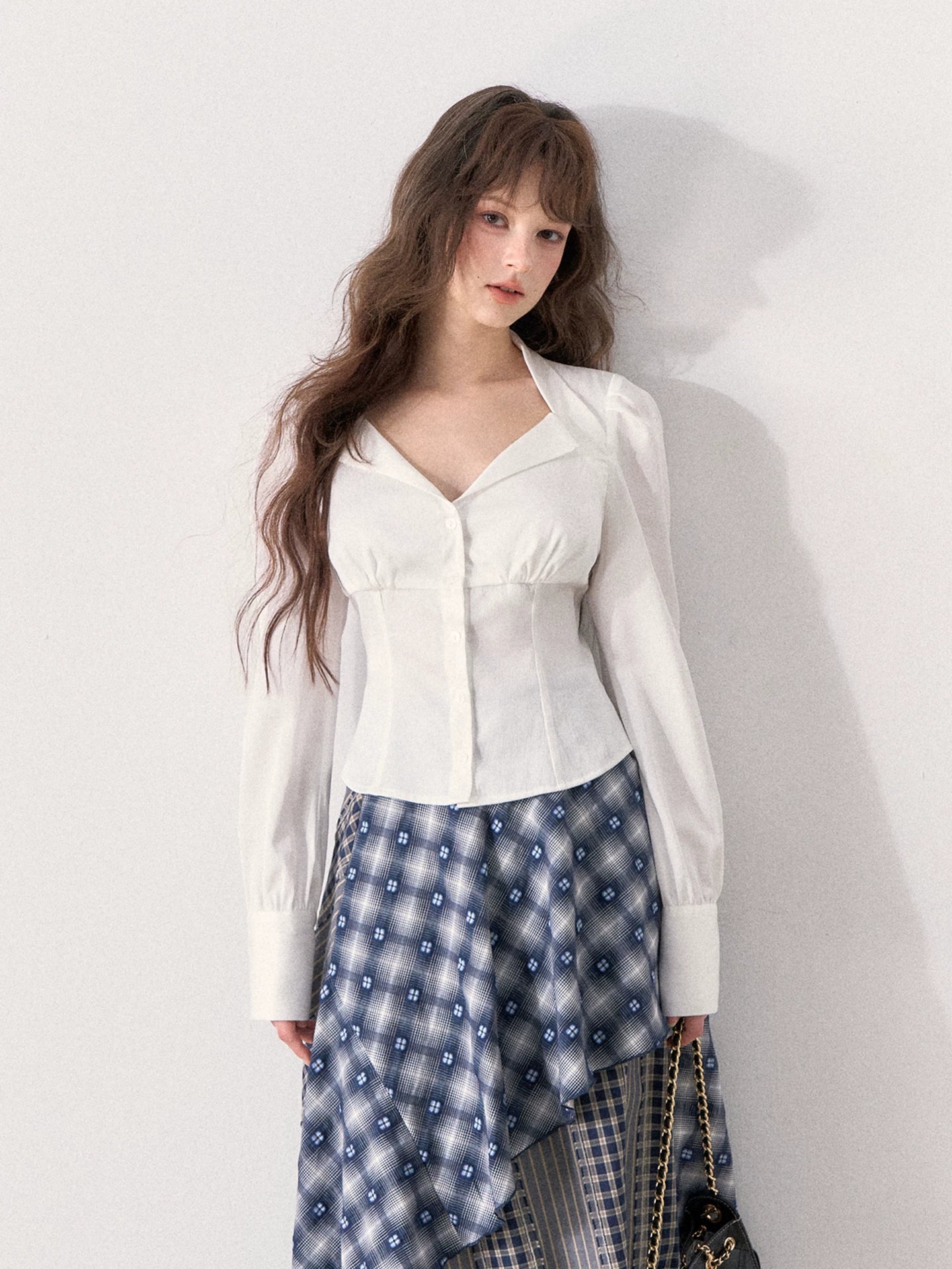 [TMMG] Retro Sweetheart Collar Shirt & Denim Corset Waist Belt Asymmetric Plaid Skirt Set