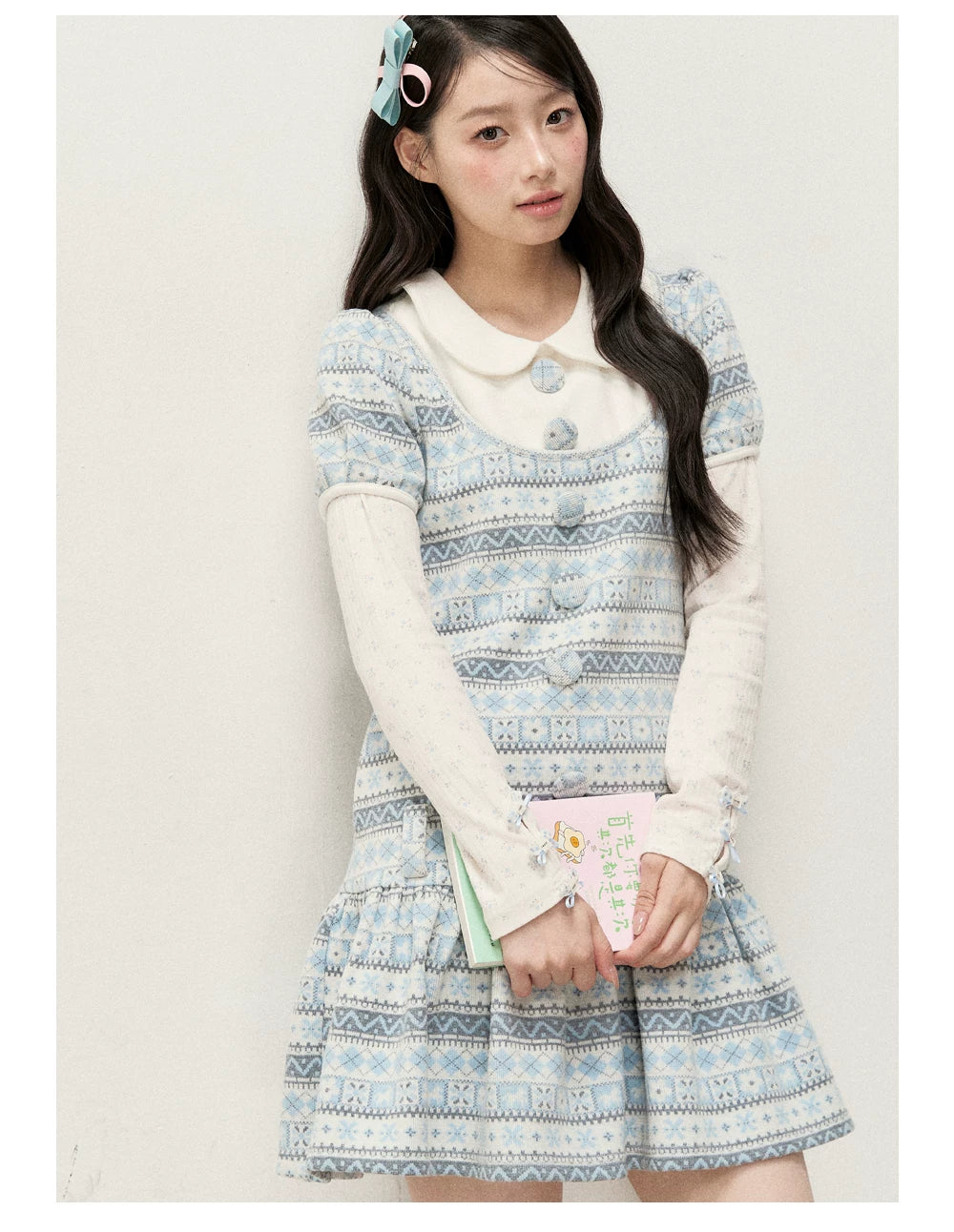 [RF] Cream Floral Peter Pan Collar Long-Sleeve Fitted Layering Top with Lace Details