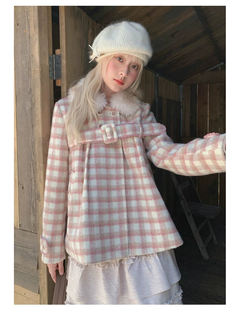 RF - Dusty Pink Plaid Wool-Look Coat with Detachable Fur Collar