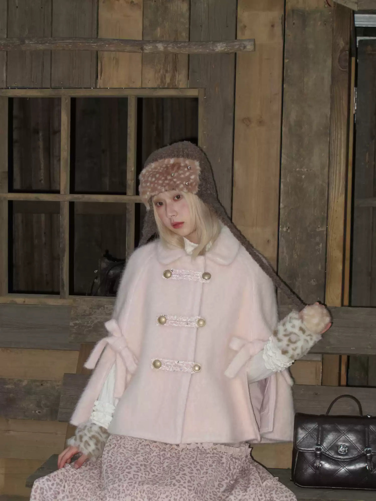 RF - Vintage Pink Fuzzy Cropped Cape Coat with Ribbon Buttons