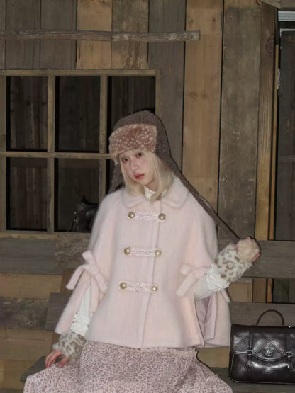 RF - Vintage Pink Fuzzy Cropped Cape Coat with Ribbon Buttons