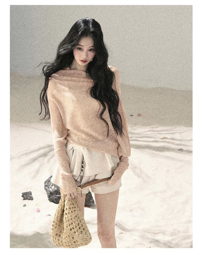 "Misty Veil Whisper" Blush Nude Pink Off-Shoulder Sheer Sun Protection Top 5345634