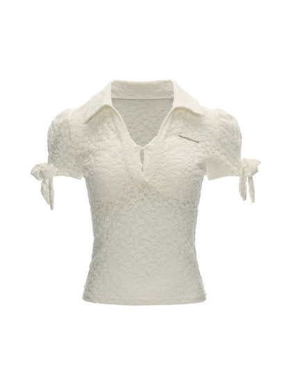 White Lace Bow Puff Sleeve Layered Polo Top
