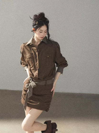 AOMALM - "A Promise Beneath the Oak" Crabapple Brown Plaid Shirt Dress with Belt