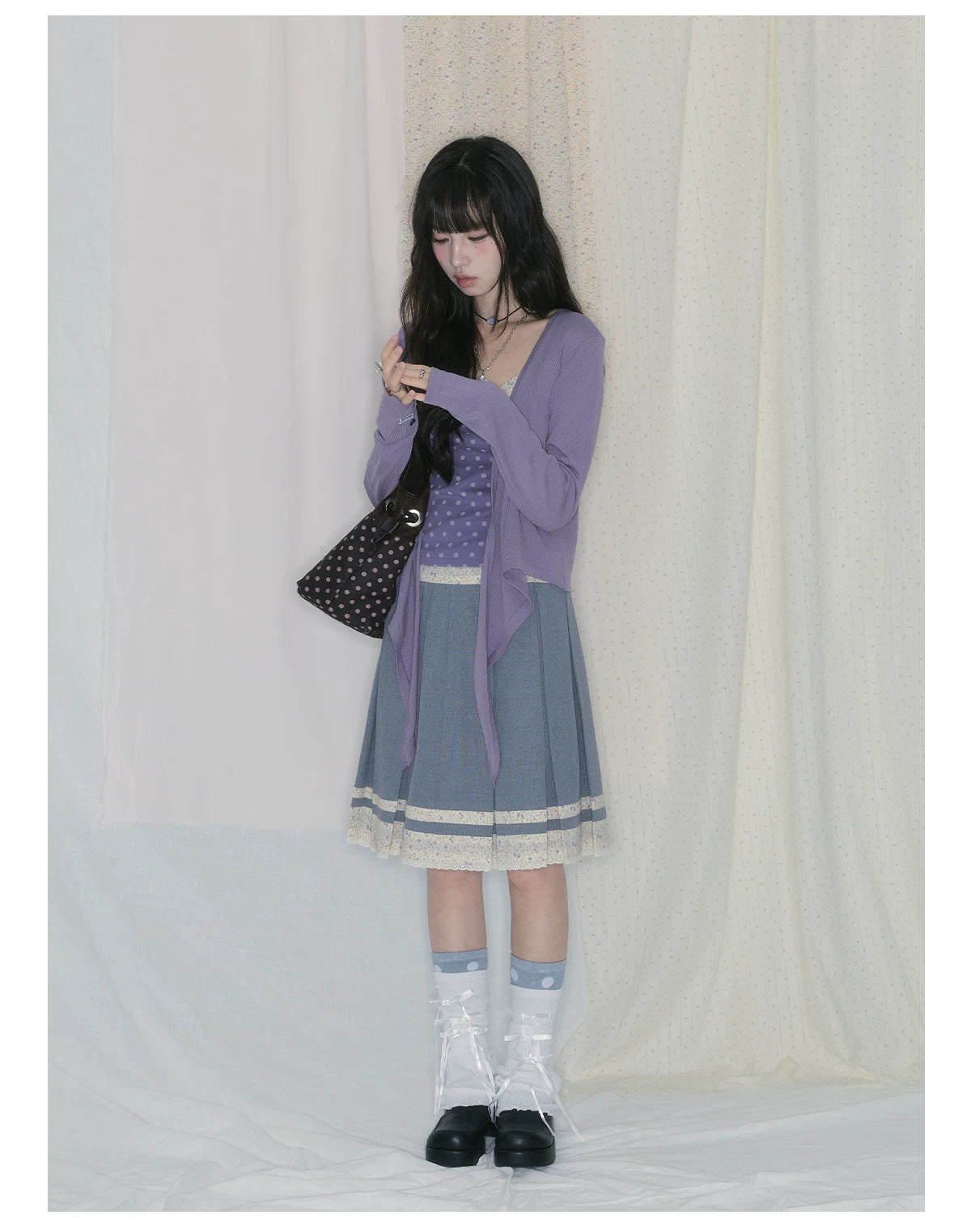 "Lavender Daydream" Layered Collection (Cami Top / Tie Cardigan / Pleated Midi Skirt / Mesh Overlay Skirt / Vintage Jeans)