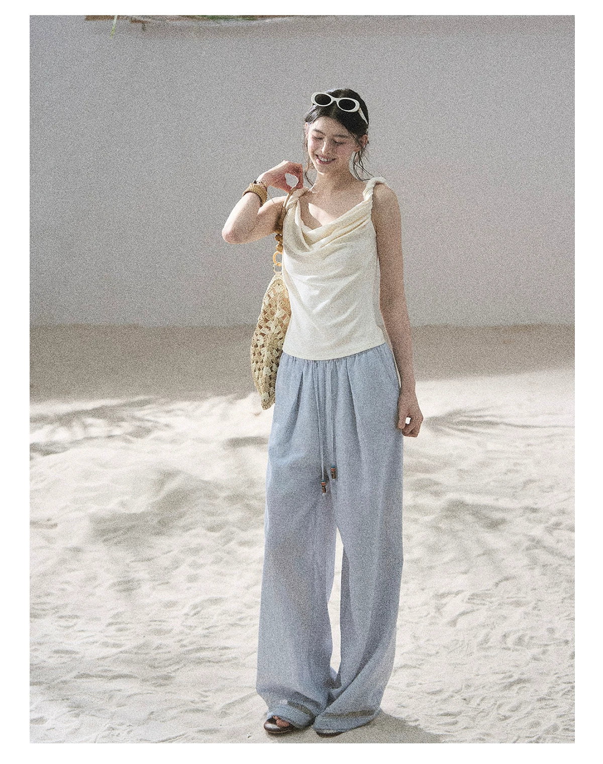 "Follow the Sea Breeze" Lightweight Straight-Leg Wide-Leg Pants (Lotus Pink/ Gray Sage Green/ Gray Blue)