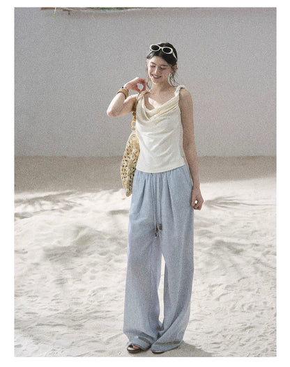 "Follow the Sea Breeze" Lightweight Straight-Leg Wide-Leg Pants (Lotus Pink/ Gray Sage Green/ Gray Blue)