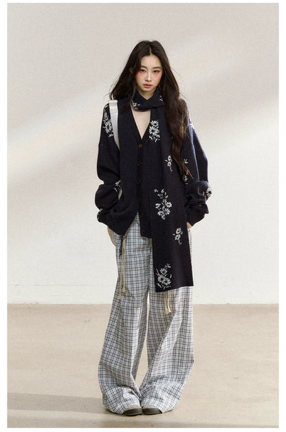 JN's DESIGN - Navy Blue Floral Jacquard V-Neck Cardigan