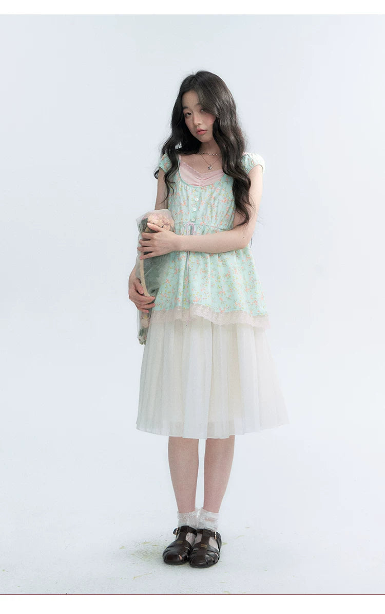 "Mint Blossom" Mint Green Floral Layered Floral Babydoll Top