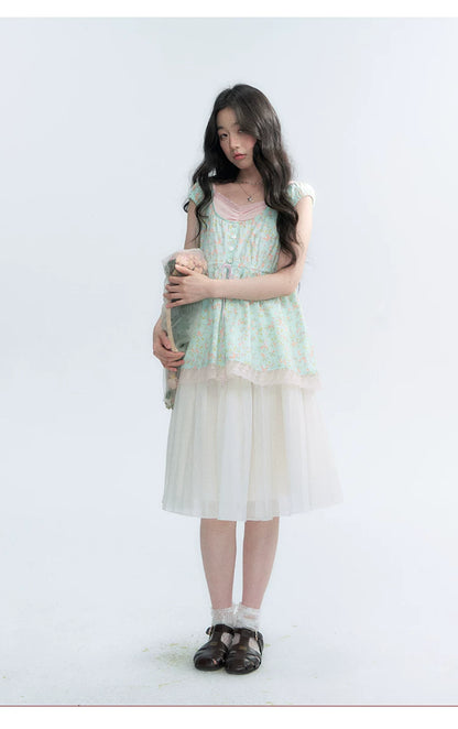 "Mint Blossom" Mint Green Floral Layered Floral Babydoll Top