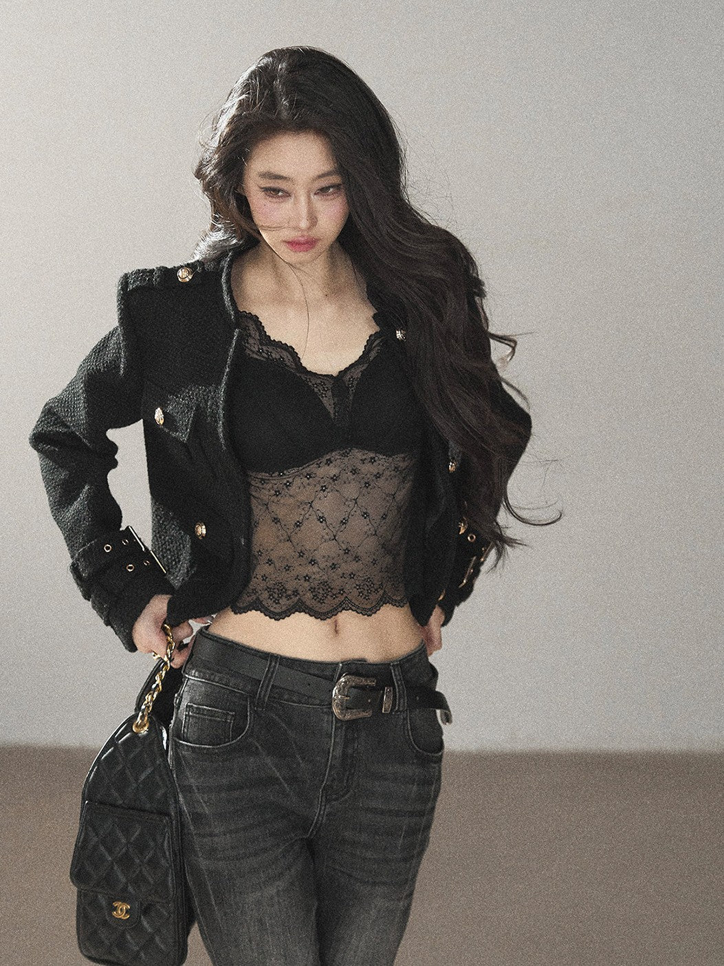 AOMALM - “Obsidian Wilderness” Black Cropped Multi-Pocket Tweed-Style Jacket