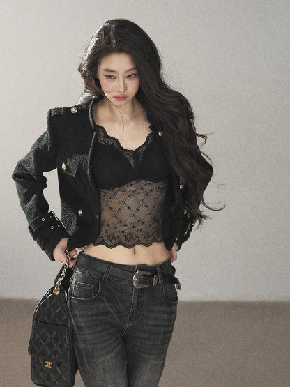 AOMALM - “Obsidian Wilderness” Black Cropped Multi-Pocket Tweed-Style Jacket