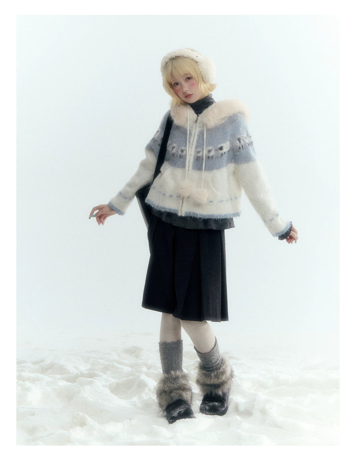 Horridale - Ice Blue White Sheep Jacquard Hooded Knit Cardigan