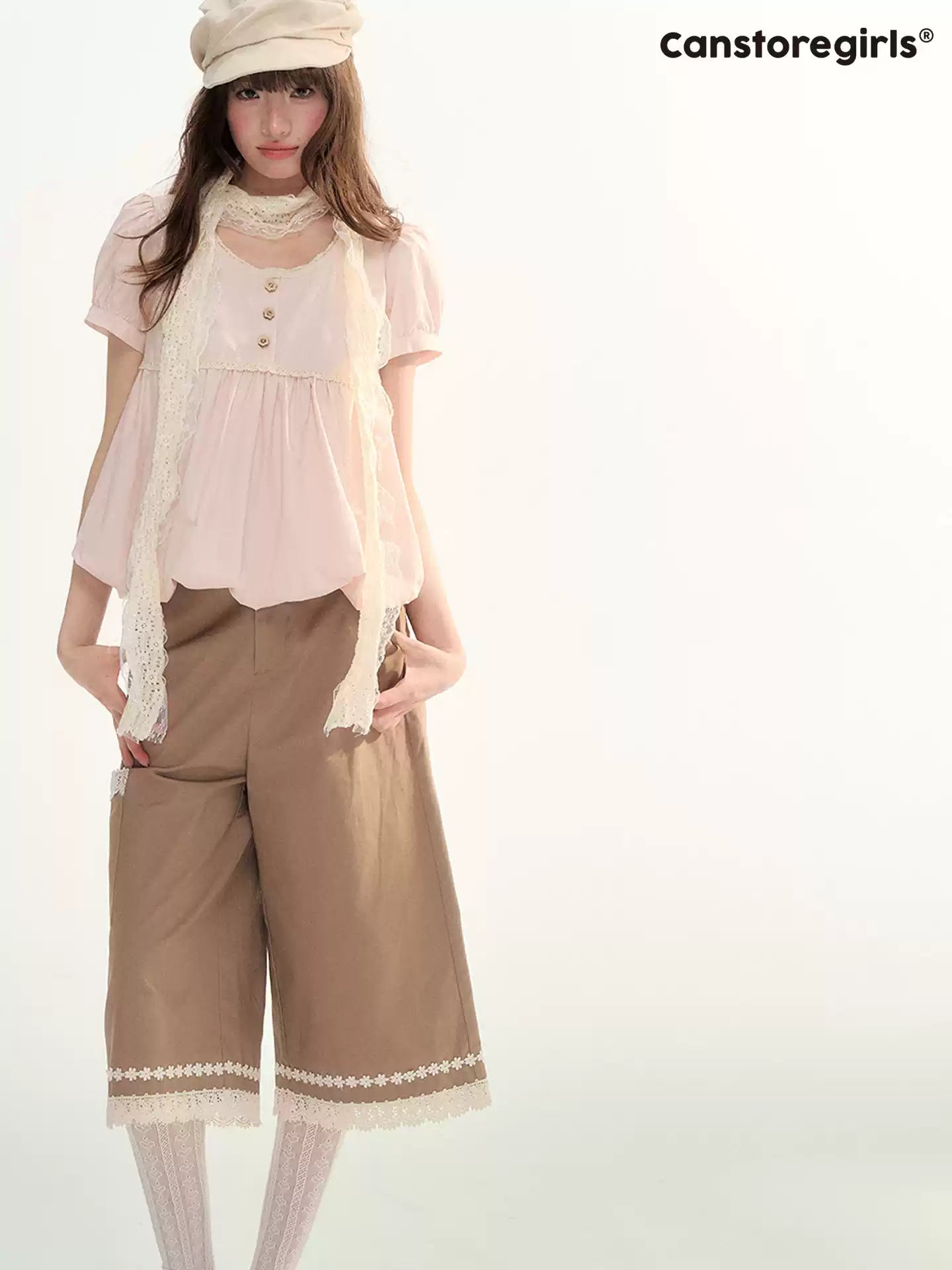 Soft Pink Lace Bubble Hem Blouse WW2026084