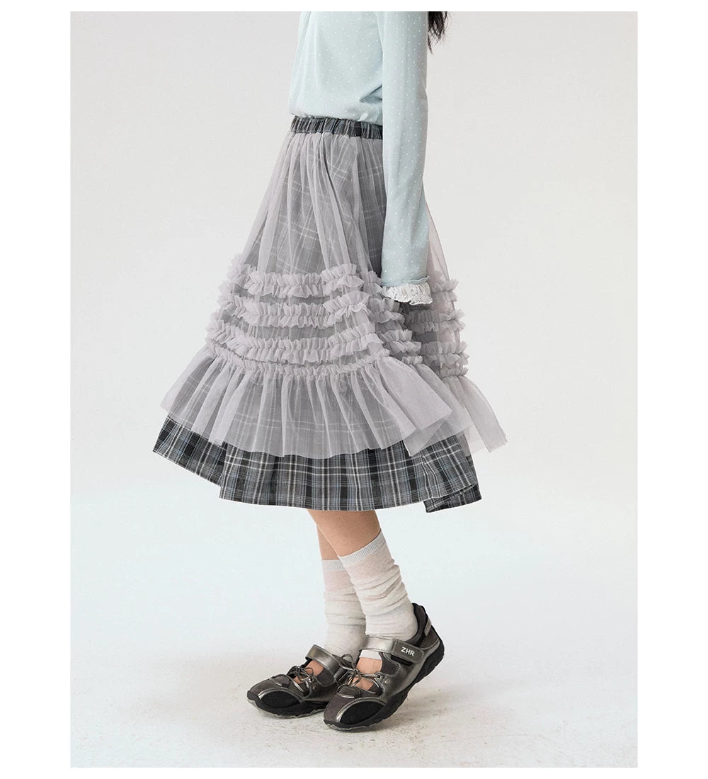 [CAN] "Gray Plaid Reverie" Gray Purple Plaid Mesh Layered Midi Skirt