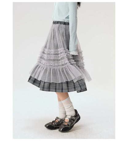 [CAN] "Gray Plaid Reverie" Gray Purple Plaid Mesh Layered Midi Skirt