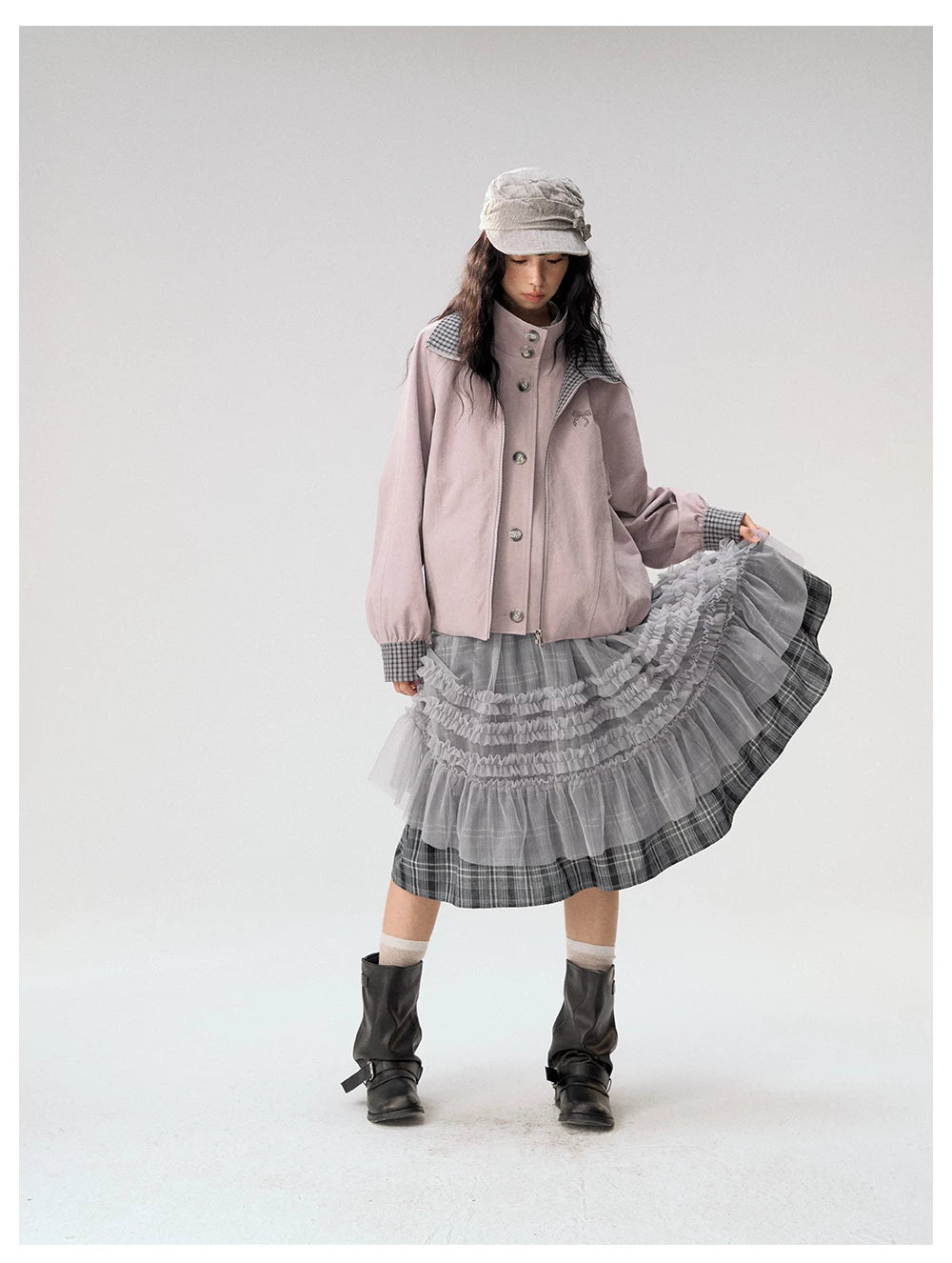 [CAN] "Gray Plaid Reverie" Gray Purple Plaid Mesh Layered Midi Skirt