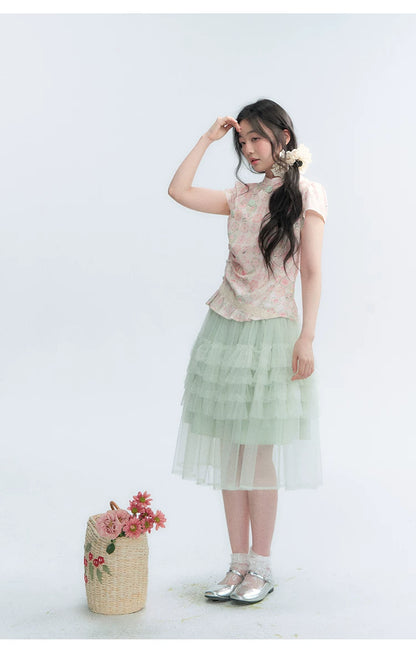 "Lime Mille-Feuille Glow" Peach Mist Chinese-Inspired Short Sleeve Top & Lime Green Tulle Tiered Skirt Set