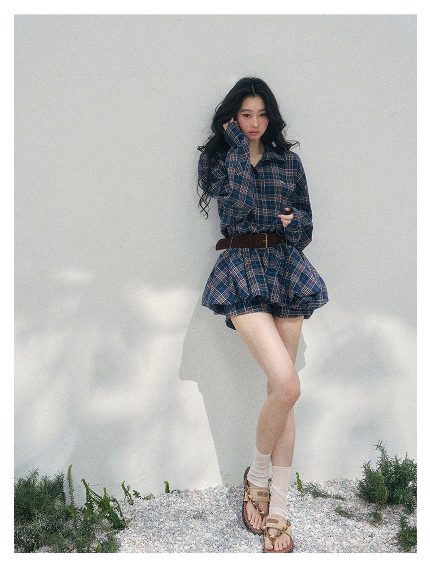 少也眼 “Rain Traces on Windowpanes” Polo-Collar Plaid Shirt Mini Dress 5286347