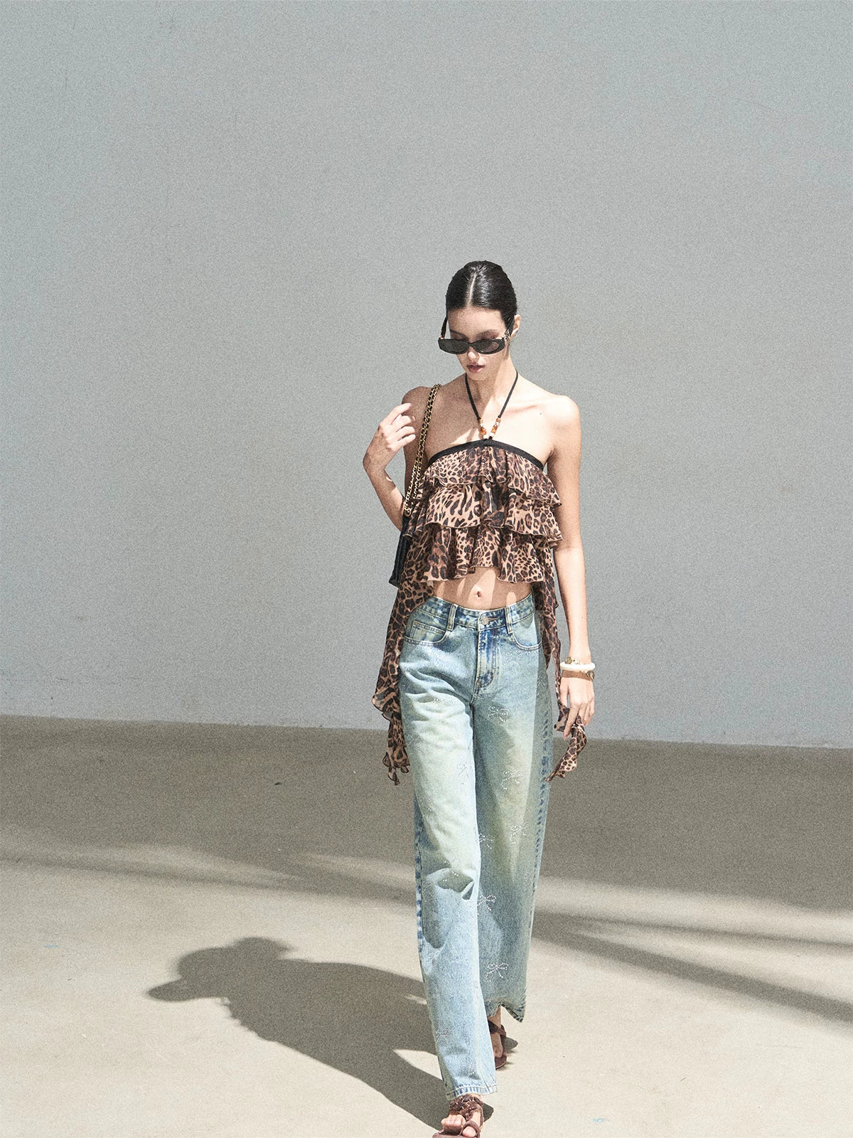 "Chasing the Sunset" Chestnut Brown Leopard Halter Ruffle Crop Top