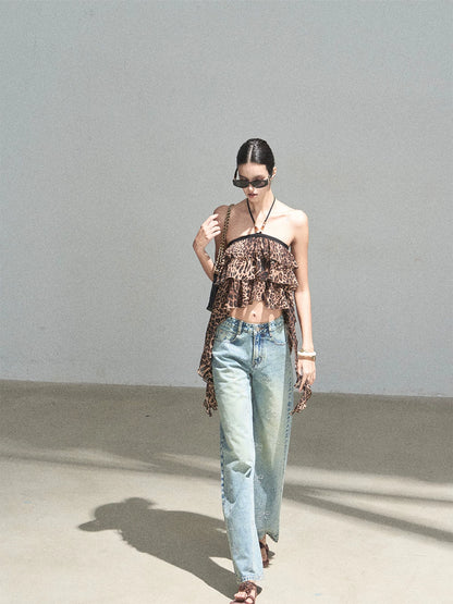 "Chasing the Sunset" Chestnut Brown Leopard Halter Ruffle Crop Top