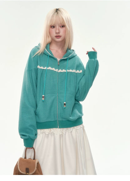 [CAN] Green Lace-Trim Waffle Knit Zip-Up Hoodie