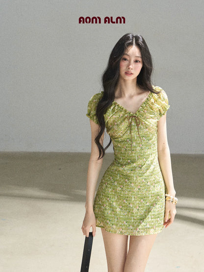 "Breath of the Forest" Misty Sage Embroidered Chiffon Mini Dress
