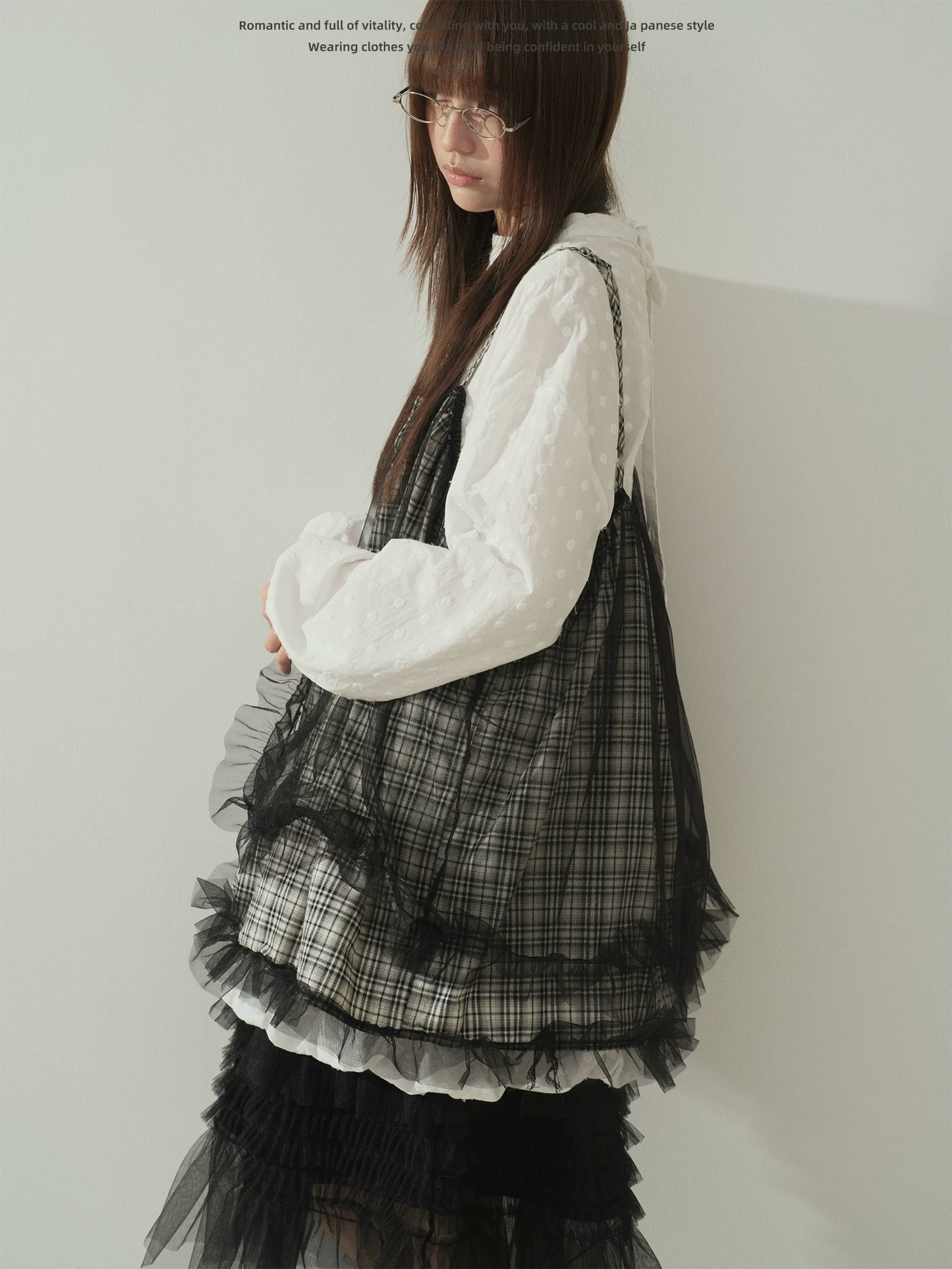 "Layered Breeze" Black & White Plaid Mesh Layering Cami Top