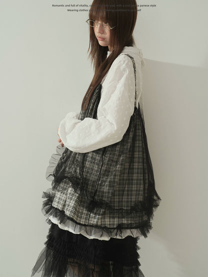 "Layered Breeze" Black & White Plaid Mesh Layering Cami Top