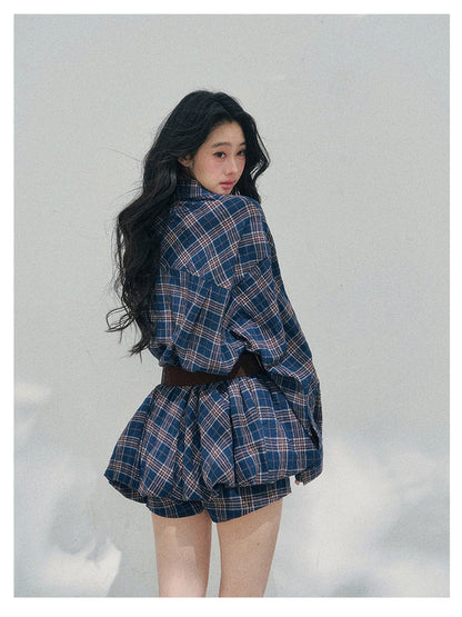 少也眼 “Rain Traces on Windowpanes” Polo-Collar Plaid Shirt Mini Dress 5286347