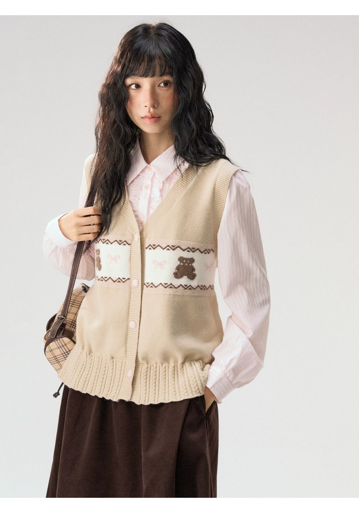 [CAN] "Bear Waltz" Brown Bow Jacquard Knit Vest