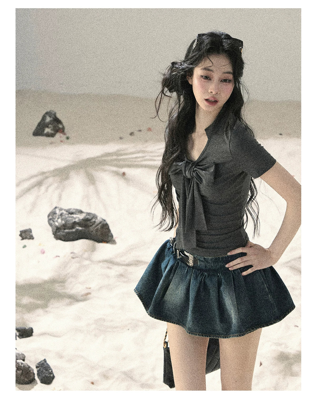"Shimmer Across the Sea" Denim Bubble Skort (Rock Black/ Vintage Blue)