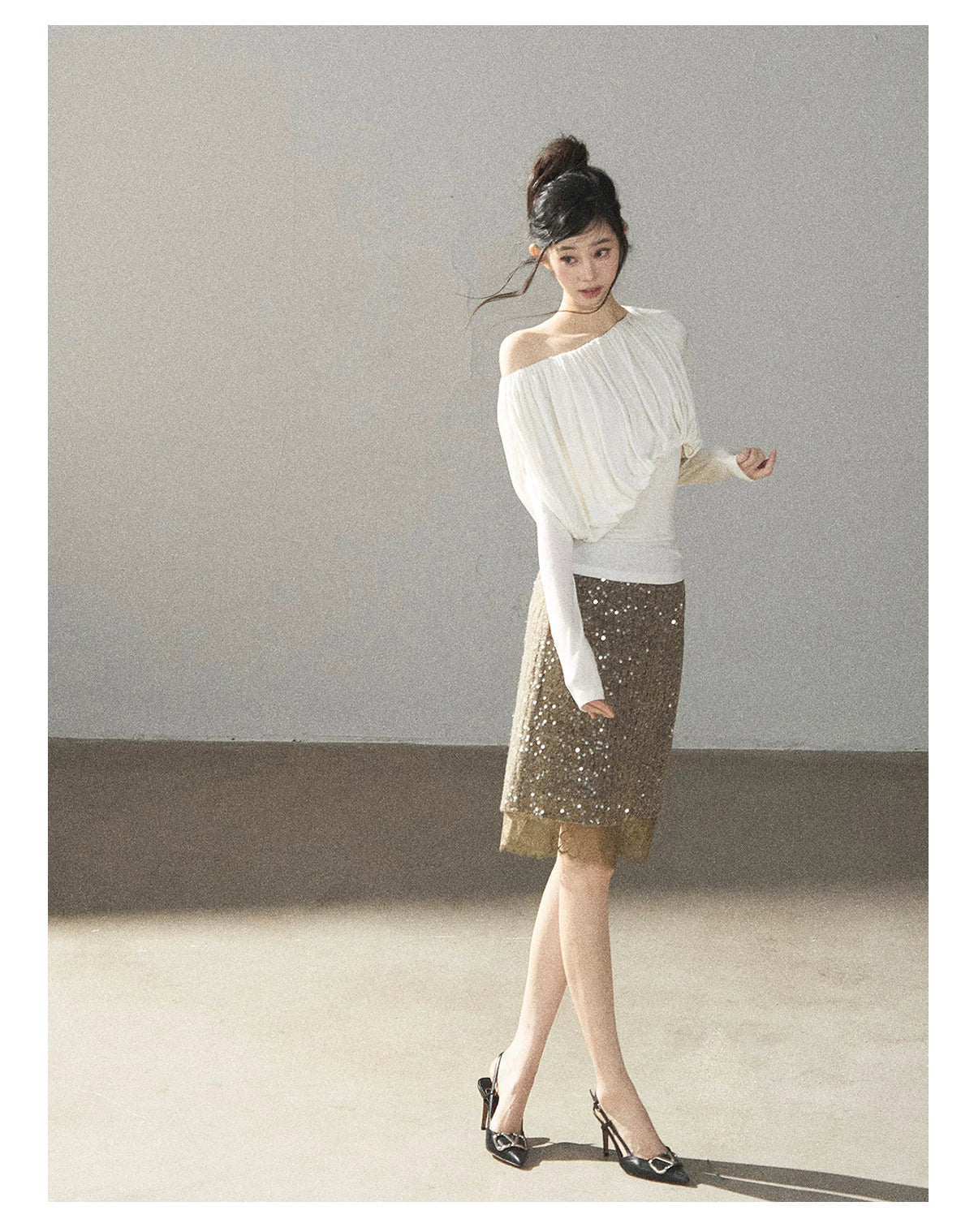 AOMALM - Gray Taupe Brown Sequin Lace Midi Skirt