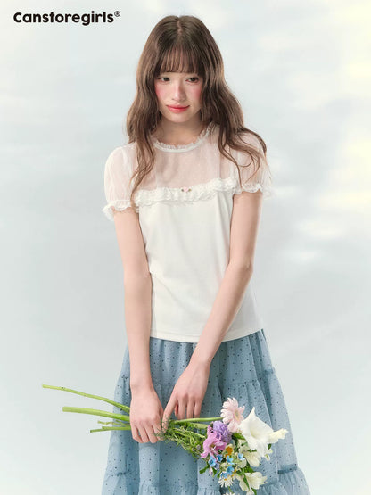 “Soft Candy Stardust” Lace Mesh Puff Sleeve Tee  LL2026149