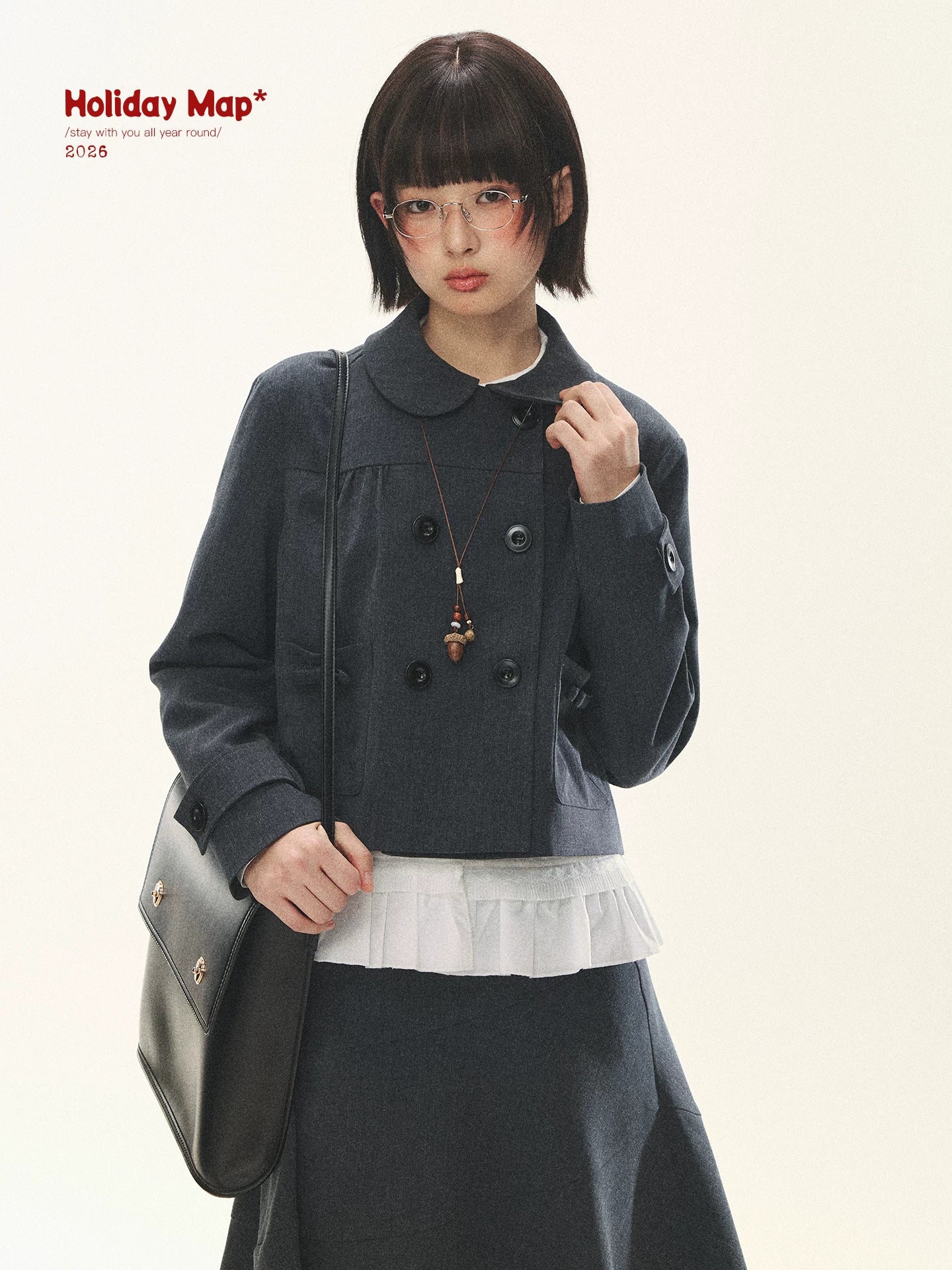 "First Day of Spring" Charcoal Gray Bow Blazer & Asymmetrical Skirt Set