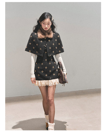 少也眼 “Snowy Night Waltz” French-Style Wool Dress with Detachable Fur Cape