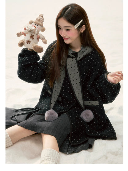BIBIBENCY - Gray & Black Reversible Polka Dot Wool-Look Coat