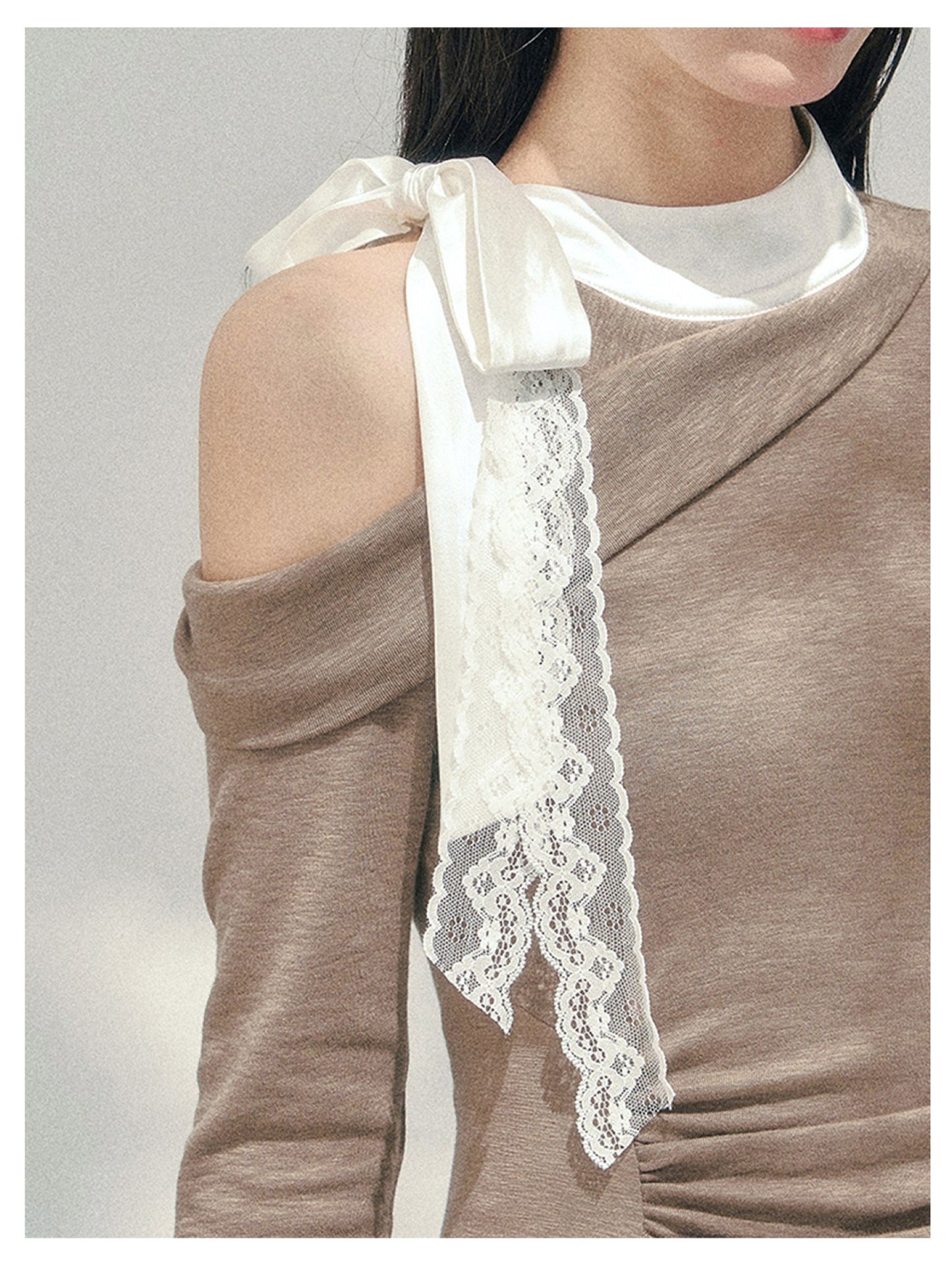 少也眼 “Lingering Warmth Entwined” Layered French Lace One-Shoulder Mini Dress - Milk Tea Beige 5435553