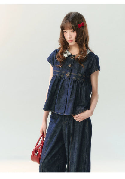 "Denim Check Prelude" Indigo Denim Three-Piece Set