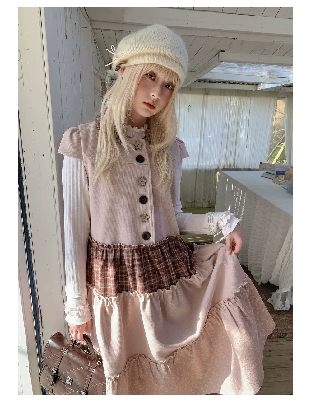 RF - Dusty Pink Patchwork Sleeveless A-Line Dress with Star Buttons