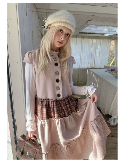 RF - Dusty Pink Patchwork Sleeveless A-Line Dress with Star Buttons